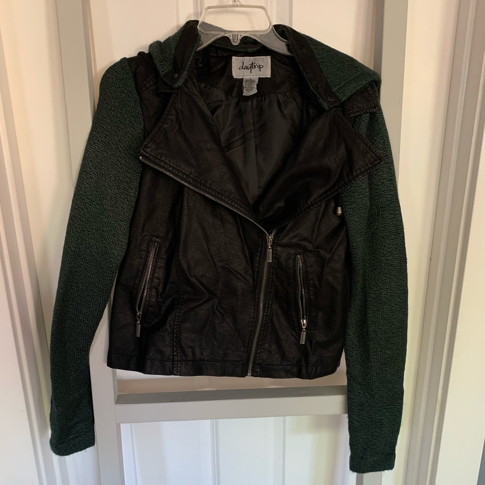 Leather jacket with knit sleeve/hood detail